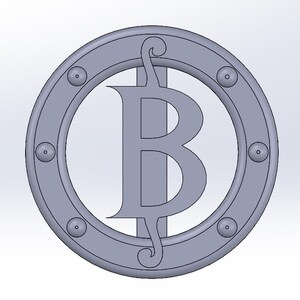 Puede incluir: Un emblema circular gris con la letra "B" estilizada dentro de un anillo. El anillo está adornado con remaches circulares espaciados uniformemente. El diseño tiene una apariencia metálica, lo que sugiere una insignia o logotipo.