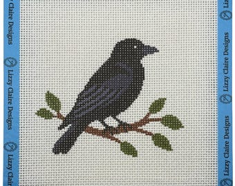 Crow on a Branch- 13 mesh - 7 x 7 - Needlepoint Canvas