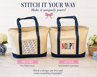 May include: Two beige canvas tote bags with navy blue handles and base. The left bag features a square mesh panel with a 3M adhesive backing. The right bag displays the same mesh panel with the letters NDLPT stitched in pink, green, and blue.