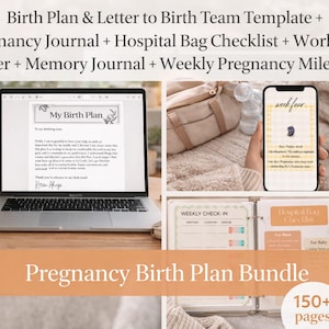 May include: A digital pregnancy birth plan bundle displayed on a laptop, smartphone, and printed pages. The bundle includes a birth plan template, journal, checklist, workout tracker, and milestones. The text "Pregnancy Birth Plan Bundle" is featured.