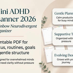 May include: A digital planner titled "Mini ADHD Planner 2026" with the text "Rainbow Neurodivergent Organizer." The image highlights features like gentle planning, supportive tools, and evolving design. It is designed for focus, routines, goals, and gentle structure.
