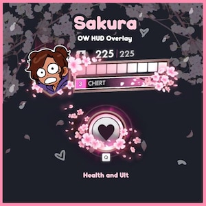 Peut inclure: Une interface numérique Sakura OW HUD comprenant un portrait de personnage, une barre de santé affichant 225/225, une plaque nominative CHERT et une icône d'ultime circulaire avec un cœur, le tout orné de fleurs de cerisier roses.