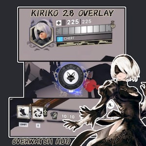 May include: Digital overlay for the game Overwatch, featuring a character named Kiriko. The overlay includes health bars, character portraits, and ability icons. The text "KIRIKO 2B OVERLAY" and "OVERWATCH HUD" are displayed.