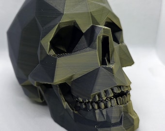Escultura de calavera de baja poli impresa en 3D: obra de arte gótico geométrico, decoración moderna de Memento Mori