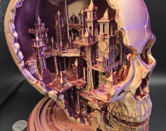 Fantasy Skull Castle Diorama | 3D Printed Gothic Skull Sculpture | Hidden Miniature City Display | Dark Fantasy Desk Decor | Unique Gothic G