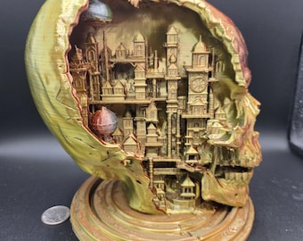 Steampunk Skull Diorama – 3D Printed Gothic Skull with Hidden Mechanical City | Fantasy Desk Decor | Unique Collectible Gift