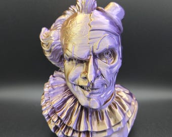 Busto iridiscente de iconos de terror de payasos - Escultura impresa en 3D en morado metálico y dorado