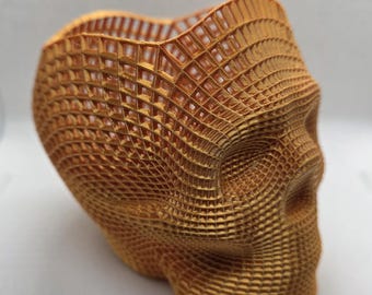 Maceta/jarrón decorativo con forma de calavera geométrica, acabado cobre metálico, impresión 3D