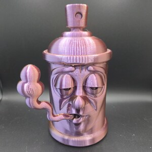 Iridescent Purple Cartoon Spray Paint Can Sculpture – 3D Printed Grumpy Face Pipe Art – Unique Desk Decor