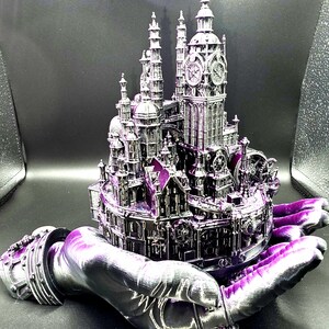 Steampunk Clockwork City Held in Mechanical Hands – Gothic Fantasy Display Sculpture – 3D Printed Collectible – Unique Desk & Shelf Decor
