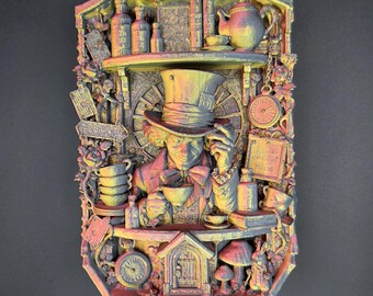 Mad Hatter Tea Party Wall Shelf | 3D Printed Alice-Inspired Gothic Decor | Fantasy Bookshelf Display | Whimsical Home Decor