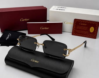 Cartier Big C Diamond Cut Frameless Black Lens Gold Frame & Certifcation Papers