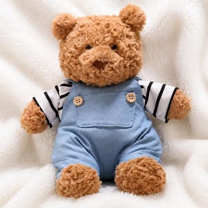 Handmade Striped Tee & Denim Overalls Set for Medium 10 inch (28cm) Plush Bear, Teddy Bear Outfit, Stuffed Animal Clothes