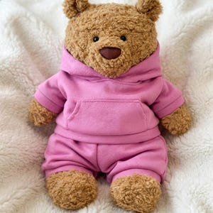 May include: A brown teddy bear with textured, curly fur, small round ears, and a dark brown nose. The bear is wearing a matching pink hooded sweatshirt with a front kangaroo pocket and pink shorts, creating a coordinated two-piece outfit set.
