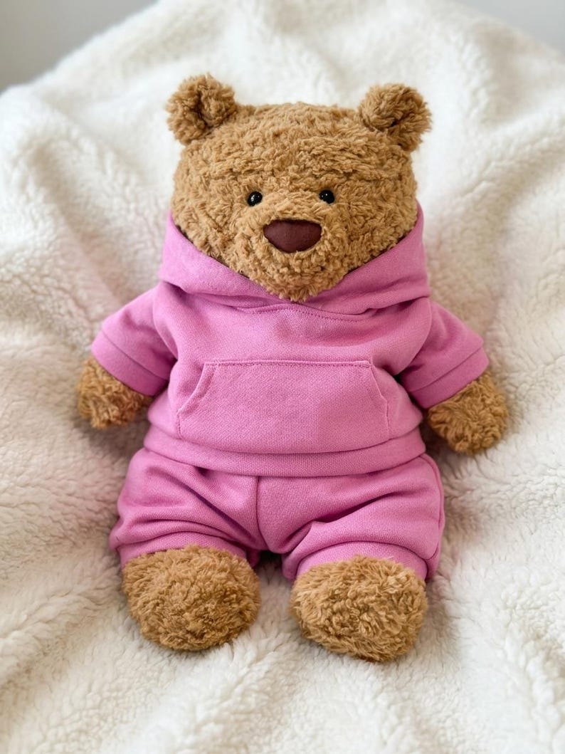 May include: A brown teddy bear with textured, curly fur, small round ears, and a dark brown nose. The bear is wearing a matching pink hooded sweatshirt with a front kangaroo pocket and pink shorts, creating a coordinated two-piece outfit set.