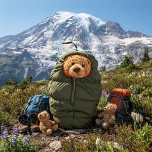 May include: A plush teddy bear tucked inside an olive green quilted sleeping bag, accompanied by two smaller teddy bears, a blue hiking backpack, a pair of brown hiking boots, and an orange backpack, all positioned in a mountain meadow.