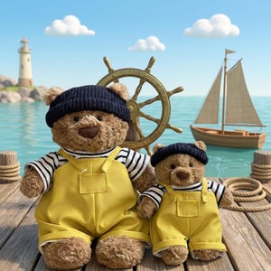 Peut inclure: Deux ours en peluche marron portant des bonnets en tricot bleu marine, des t-shirts à rayures noires et blanches et des salopettes jaune vif. Les ours sont placés sur un quai en bois avec une barre de navire, un voilier et un phare en arrière-plan.