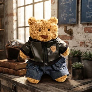 Handgefertigtes mittelgroßes Bartholomäus-Bären-Kleidungsset – Retro-Streetwear-Denim-Set