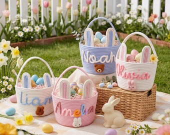 Personalisierter Osterkorb 2026 | Name Hase Baumwolle Seilkorb für Kinder | Baby erste Ostereiersuche Geschenk | Aufbewahrungskorb für Kleinkind-Spielzeug