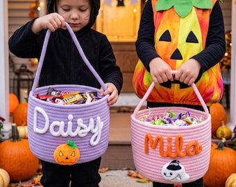 Personalisierter Halloween-Korb mit Namen, Süßigkeiteneimer aus Baumwollseil, individuelles Halloween-Geschenk für Kleinkinder