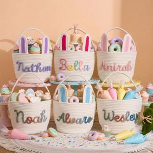 Custom Name Easter Basket for Kids Baby 1st Gift | Woven Cotton Rope Bunny Ear Bag Personalized Toddler Egg Hunt Bucket Nursery Storage