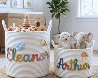 Personalisierter Babykorb, Name Seilkorb, Kinderzimmer Aufbewahrungskorb, Spielzeug Organizer, Babypartygeschenk für Mädchen Jungen