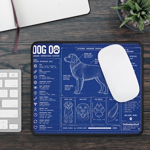 May include: A rectangular blue mouse pad featuring a white technical blueprint design of a Golden Retriever. The graphic includes labels like Dog OS, Canine Operating System, and various system specifications, alongside a side view, front view, and paw print illustration.