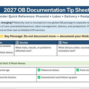 Puede incluir: Una hoja de consejos de documentación obstétrica de 2027 para proveedores, que detalla la atención prenatal, el parto y el posparto. Describe el cambio a informes separados para cada fase de atención, incluye un marco de evaluación, decisión y planificación, y enumera cinco elementos esenciales para las visitas prenatales.