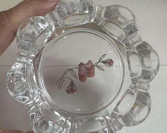 Vtg 1960s MCM Flower Duet Ashtray Clear Glass With Flower Painted Detail