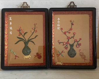 2 Vintage Shadow Box asiatische Wandkunst geschnitzte Jade & Stein Blumen 10 "x 8"