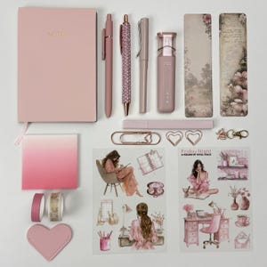 Pink Stationery Gift Box, Pink Aesthetic Desk Accessories, Cute Notebook and Pen Set, Gift for Teen Girl, Study Essentials Kit