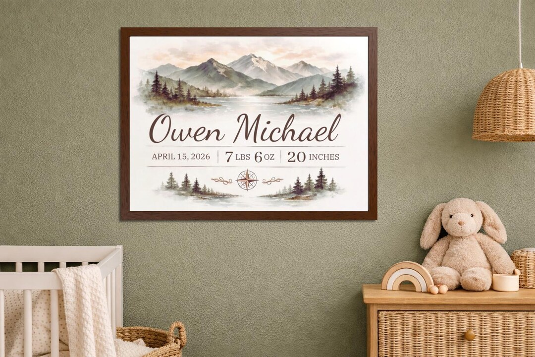 Custom Birth Stat Poster, Watercolor Mountains, Personalized Baby Name ...