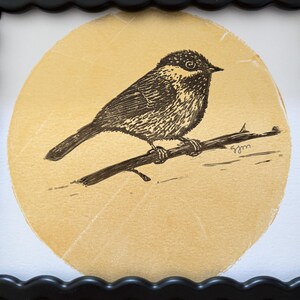 Puede incluir: Una ilustración en tinta negra de un pájaro pequeño posado en una rama, centrada sobre un fondo de papel circular de color tostado. La obra está enmarcada en un marco negro con borde festoneado. Las iniciales "gjm" aparecen en tinta negra.