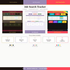 May include: A digital Excel template for job search tracking, featuring three themes: Dark Academia, Soft Minimalist, and Bold Maximalist. Each theme includes dashboards, application logs, interview prep, and more. The text "Job Search Tracker" is displayed at the top.