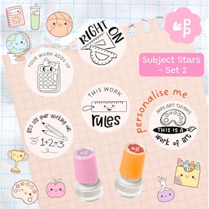 May include: A selection of school-themed stamps featuring phrases such as "Right On" and "This Work Rules." The image includes a pink and an orange stamp, alongside cartoon illustrations of school supplies and the text "Subject Stars - Set 2."