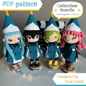 May include: Four crocheted dolls standing on wooden bases, each wearing a teal and white pointed hat and matching outfit. The dolls feature distinct hair colors: light blue, black, lime green, and pink. Text reads PDF pattern, Collection Bundle, and Designed by Tsuki Nook.