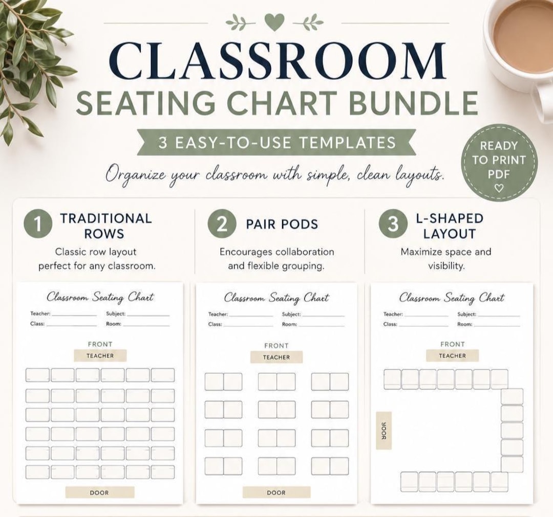 Teacher Classroom Seating Chart Bundle | Traditional, Pairs & L-shape ...