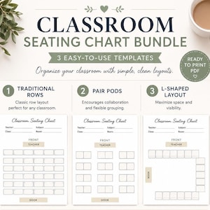 May include: A classroom seating chart bundle with three easy-to-use templates. The templates include traditional rows, pair pods, and an L-shaped layout. The charts are ready to print in PDF format.