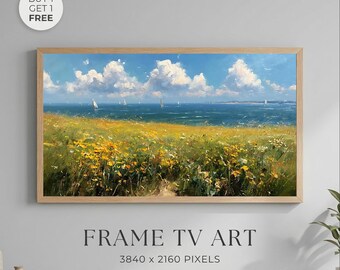 Cuadro mural de pradera costera con flores silvestres, pintura de paisaje oceánico con velero, decoración de cabaña de playa, descarga digital de paisaje marino, arte para enmarcar televisores Samsung.