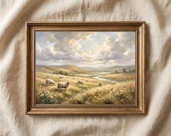 Vintage Sheep Pastoral Landscape Painting, Printable Nursery Wall Art, Rustic Farmhouse Decor,  Farmhouse Landscape Print, Digital Download