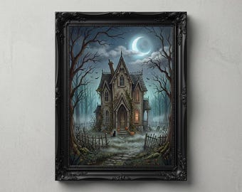 Vintage Halloween Haunted House Wall Art, Gothic Victorian Mansion Print, Spooky Cottage Decor