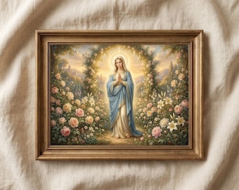 Cuadro decorativo floral de la Virgen María para imprimir, pintura de jardín cristiano, decoración religiosa católica, obra de arte romántica vintage.