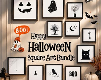Minimalistische Halloween vierkante kunstbundel, zwart-wit Halloween printset, griezelige wanddecoratie, digitale download