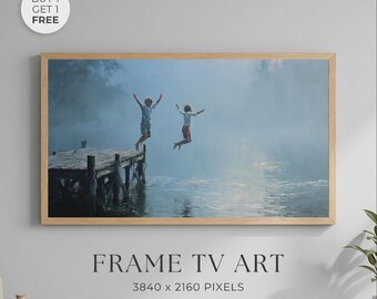 Lake Life TV Art | Kids Jumping Off Dock Wall Art Summer Screensaver | Lake House Frame Tv Art | Cottage Core Samsung Frame TV Download