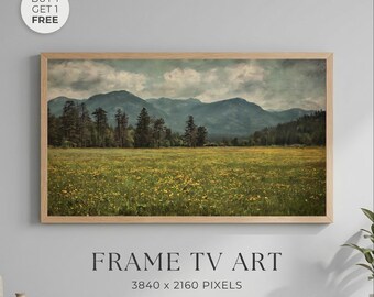 Wildflower Meadow Frame TV Art, Mountain Rustic Landscape Floral Painting, Neutral Cottagecore Samsung Frame TV Download