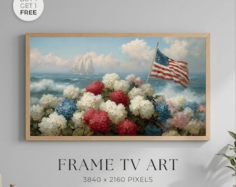Patriotic Coastal Hydrangea Wall Art Printable, American Flag Ocean Painting, 4th of July Beach House Decor, Americana Frame Samsung TV Art