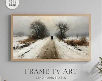 Winter Country Road Wall Art Printable, Snowy Landscape Painting, Romantic Couple Walking Print, Moody Winter Decor, Frame Samsung TV Art