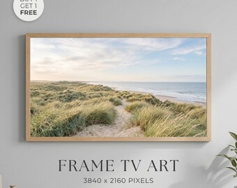 Wydruk na ścianę z motywem wydm nadmorskich, neutralna fotografia krajobrazu plażowego, minimalistyczna oprawa telewizora, dekoracja ścienna z motywem spokojnego oceanu