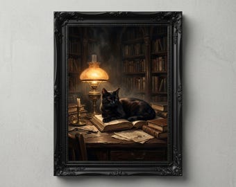 Black Cat Dark Academia Wall Art afdrukbare, gotische bibliotheek kat schilderij, humeurig vintage decor boekenliefhebber, afdrukbare Halloween kunst