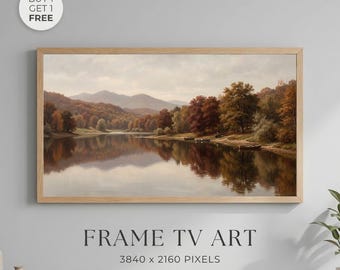 Autumn Lake Landscape Wall Art, Vintage Fall Nature Painting Frame TV Art, Rustic Reflection Scenery, Farmhouse Decor, Panoramic Art